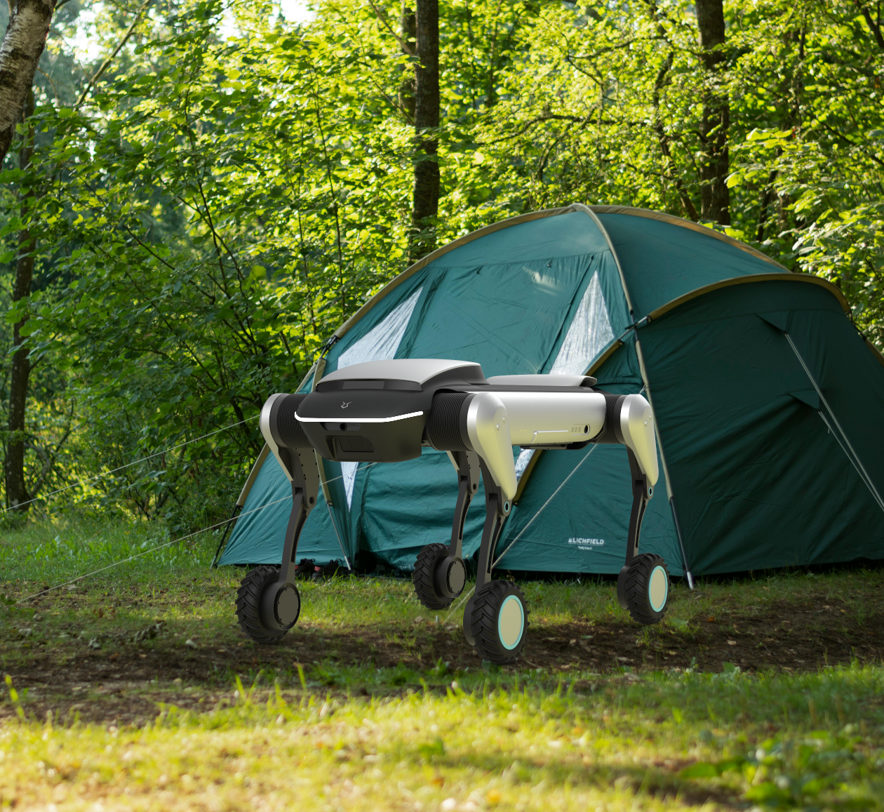 Outdoor quadruped robot beside a campsite tent, highlighting autonomous camping support, gear transport, safety patrol, and power supply functions in wilderness environments.
