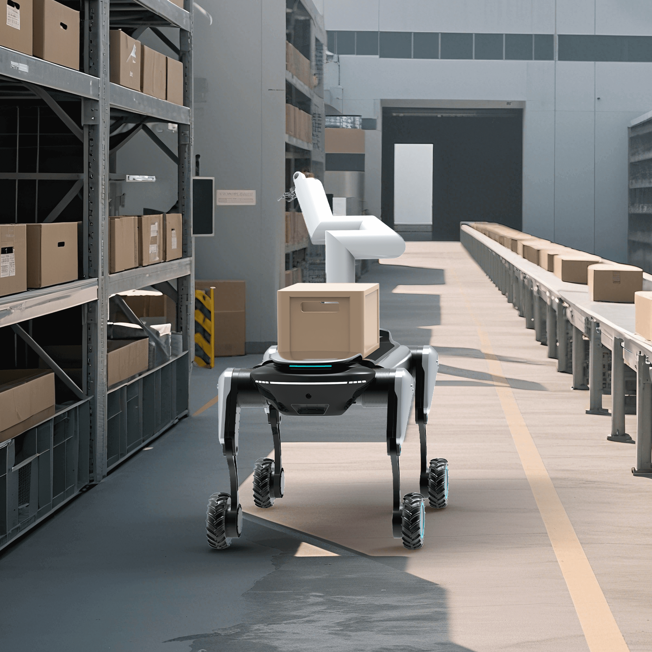 Quadruped robot operating in a logistics warehouse, performing autonomous parcel sorting and transport to improve last-mile delivery and intelligent warehouse efficiency.